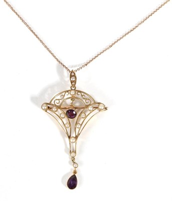 Lot 673 - An Art Nouveau Amethyst and Seed Pearl Brooch/Pendant, on Chain, a kite-shaped pendant with...