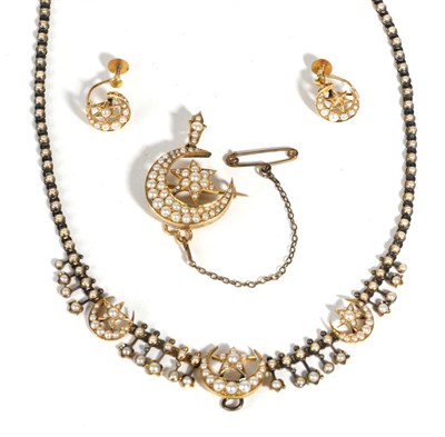 Lot 681 - A Seed Pearl Necklace, and Earring Suite, a crescent and star brooch/pendant set throughout...