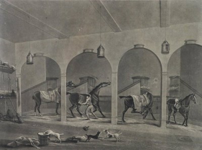 Lot 1002 - John Whessell (British, c.1760-1820) ";The Hunter's Stable, with a Hackney waiting";  Mezzotint...