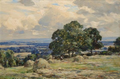 Lot 1046 - Owen Bowen ROI, PRCamA (1873-1967) Haymaking in an extensive landscape Signed and dated 1925,...