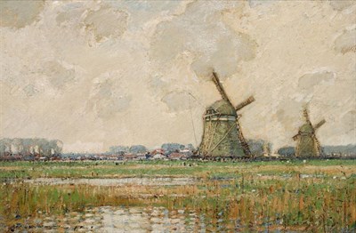 Lot 1047 - Kershaw Schofield (1875-1941)  ";Polder Landscape"; Signed, oil on board, 23.5cm by 50cm   See...