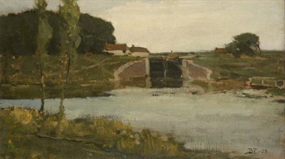 Lot 1048 - Bertram Priestman RA, ROI, NEAC, IS (1868-1951) ";Lock Gates at Camsix, Dusk"; Initialled and dated