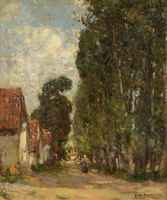 Lot 1051 - Frederick William Jackson (1859-1918) Figure on a wooded pathway beside cottages Signed, oil on...