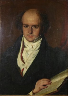 Lot 1069 - British School (19th century) Portrait of a gentleman, head and shoulders holding a manuscript...