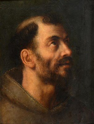 Lot 1076 - Italian School in the style of Titian  Head of St Francis in Contemplation  Oil on panel, with...