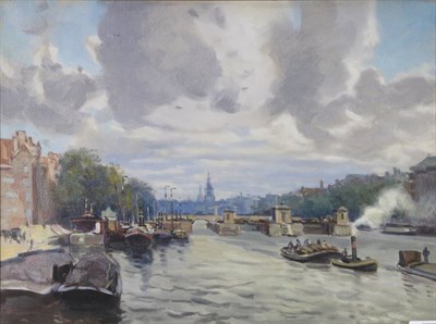 Lot 1077 - Martin van Waning (1889-1972) Dutch  River scene with tug boats and view of a city skyline  Signed