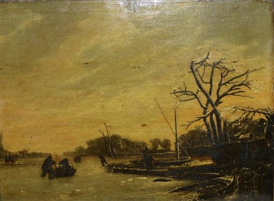 Lot 1081 - Follower of Hendrik de Meijer (18th/19th century)  Figures in a frozen river landscape Indistinctly