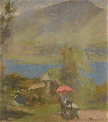 Lot 1084 - Frank Bramley RA, NEAC (1857-1915)  A figure sitting beneath a red parasol on the banks of Grasmere