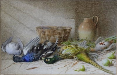 Lot 1090 - William Cruickshank (1848-1922) Dead pheasants before a terracotta jug and rattan basket...