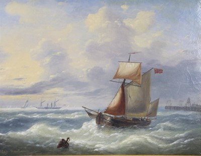 Lot 1096 - Louis Verboeckhoven (19th Century)  Shipping off a pier Signed, oil on canvas, 27cm by 35cm