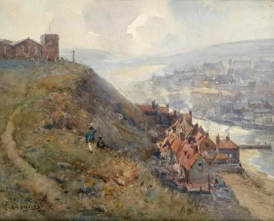 Lot 1100 - Albert George Stevens (1863-1925) ";The Haven Under the Hill"; - Figures approaching Whitby...