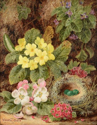 Lot 1105 - Vincent Clare (1855-1930)  Still life of a birds nest, blossom and primroses in a hedgerow  Signed