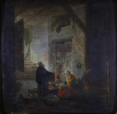 Lot 1108 - Dutch School (19th century)  Mother seated in a rustic interior weaving with children  Oil on...