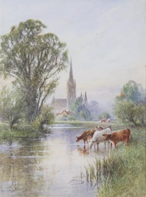 Lot 1110 - Henry J Kinnaird (1861-1920) Cattle watering before Salisbury Cathedral Workers in a field building