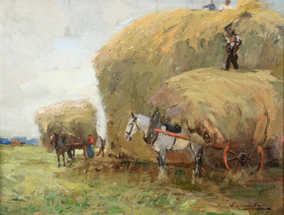 Lot 1113 - Archibald Kay RSA, RSW  (1860-1935) Scottish  Loading the hay carts  Signed, oil on canvas,...