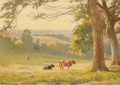 Lot 1120 - Ernest Higgins Rigg (British 1868-1947) Cattle grazing in a Summer landscape Signed, oil on canvas