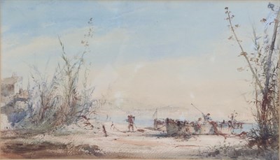 Lot 1121 - James Baker Pyne (1800-1870) Fishermen unloading boats probably in the Bay of Naples Signed and...