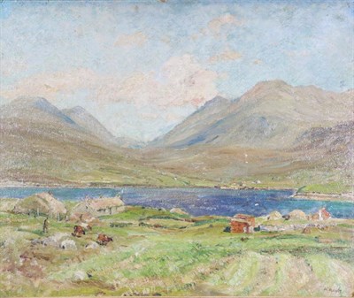 Lot 1125 - Herbert Royle (1870-1958) ";Crofts at Ardtaraig Harris"; Signed, with inscribed label verso, oil on