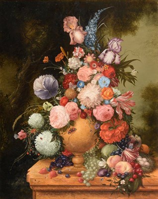 Lot 1132 - John Bentham-Dinsdale (1927-2008) Still life of assorted flowers in an urn on a marble ledge...