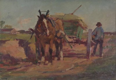 Lot 1135 - Continental School (20th century) The hay cart Indistinctly signed, oil on board, 54.5cm by 77cm