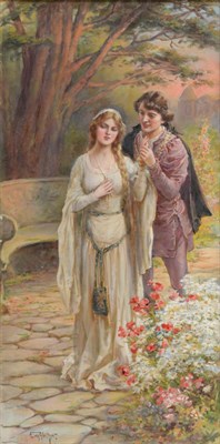 Lot 1136 - Eva Hollyer (1865-1948)  Medieval maiden and squire  Signed, oil on canvas, 59.5cm by 29cm