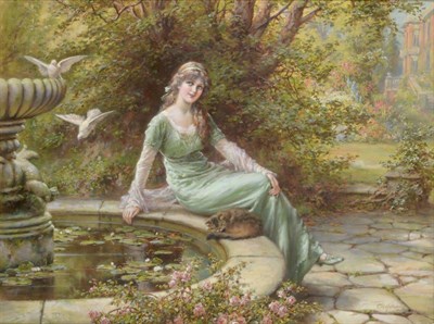 Lot 1143 - Eva Hollyer (1865-1948)  Young beauty seated at a country house fountain  Signed, oil on...