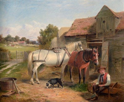 Lot 1144 - Attributed to James William Cole (fl.1849-1882) Farm boy at rest beside horses and stables...