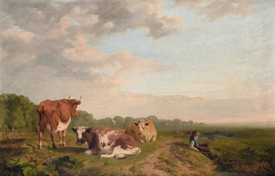 Lot 1146 - Follower of Thomas Sidney Cooper (1803-1902)  Country figure and cattle at rest in a extensive...