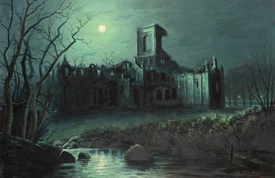 Lot 1147 - Walter Linsley Meegan (1859-1944) Ruined abbey by moonlight Signed, oil on canvas, 48.5cm by 74cm