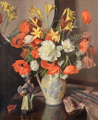 Lot 1148 - Sherlock T Evans (20th Century) Still life of poppies, peonies and yellow lilies in a glazed...