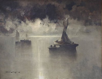 Lot 1154 - Van Hier (19th/20th century)  Fishing boats in calm waters by moonlight Signed, oil on canvas,...