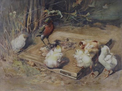 Lot 1155 - Nellie Harvey (ex.1890-1938) Scottish Chicks and a bird outside a farm building  Signed,...