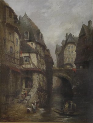 Lot 1158 - Follower of Henri Schafer (1854-1915)  Continental town scene with figures boating and women...