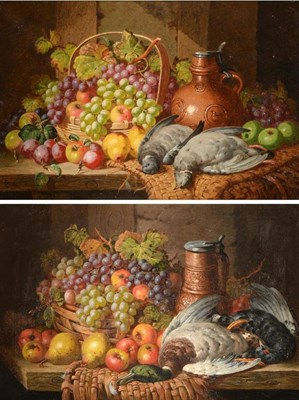 Lot 1167 - Charles Thomas Bale (1855-1925) Still life of pigeons, an earthenware flagon and a basket of...