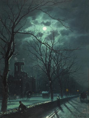 Lot 1169 - Walter Linsley Meegan (1859-1944)  Nocturne street scene Signed, oil on canvas, 59cm by 43.5cm  See