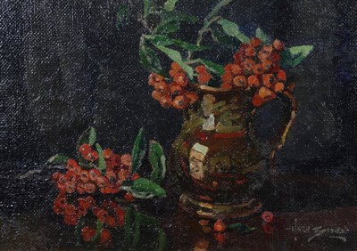 Lot 1178 - Owen Bowen ROI, PRCamA (1873-1967) Still life of berries and jug Signed, oil on canvas board,...