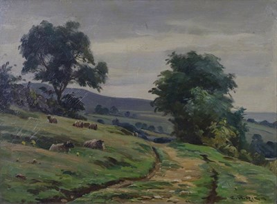 Lot 1179 - Ernest Higgins Rigg (British 1868-1947) Sheep grazing in an extensive landscape Signed, oil on...