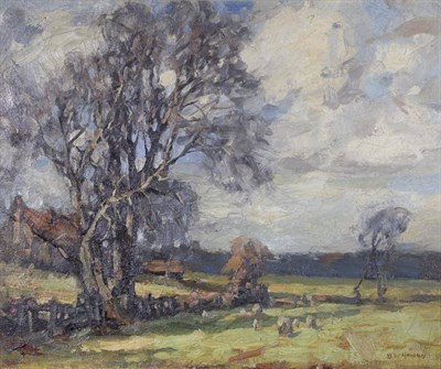 Lot 1182 - John William Howey (1873-1938) Farm in a landscape Signed, oil on canvas, 36.5cm by 44cm...