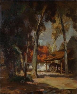 Lot 1187 - Charles Hodge Mackie (1862-1920) Farm out building in dappled sunlight  Signed, oil on panel,...