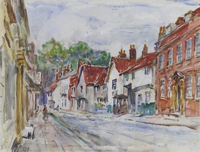 Lot 1190 - Rowland Henry Hill (1873-1952) Street scene in Whitby Signed, mixed media, 26.5cm by 35cm  Artist's