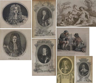 Lot 1192 - Six Framed Portrait Engravings; two Charles II, one Charles I, one Cromwell, and two James II;...