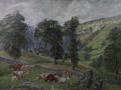 Lot 1199 - Constance-Anne Parker (1921-2016) Cattle grazing in a Yorkshire landscape Oil on canvas, 74.5cm...