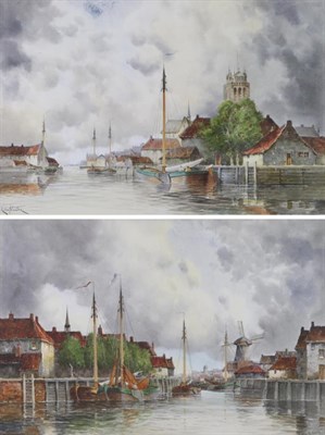 Lot 1205 - Louis Van Staaten (1836-1909) Dutch  Shipping on a Dutch canal  Signed, together with a...