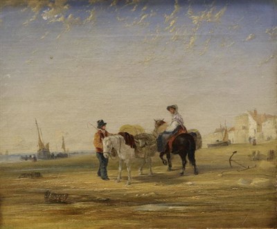 Lot 1213 - Attributed to William Collins RA (1788-1847) Figures on a shoreline with loaded pack horses Oil...