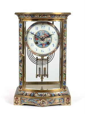 Lot 1229 - A Champleve Enamel Four Glass Striking Mantel Clock, circa 1890, multi-coloured scroll...