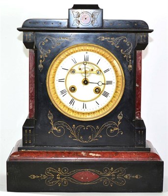 Lot 1245 - A Black Slate and Red Marble Striking Mantel Clock, circa 1880, 4-inch enamel dial, recessed...