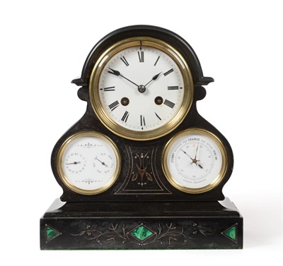 Lot 1247 - A Black Slate and Malachite Inlaid Striking Mantel Clock with Combined Calendar and Aneroid...