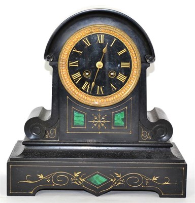 Lot 1248 - A Black Slate and Malachite Inlaid Striking Mantel Clock, circa 1880, black slate dial with...