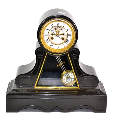 Lot 1255 - A Black Slate Striking Mantel Clock, circa 1880, drum head pediment, bevelled front panel,...