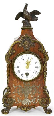 Lot 1267 - A Small Mahogany Inlaid Mantel Timepiece, circa 1910, surmounted by a cockerel, applied scroll...